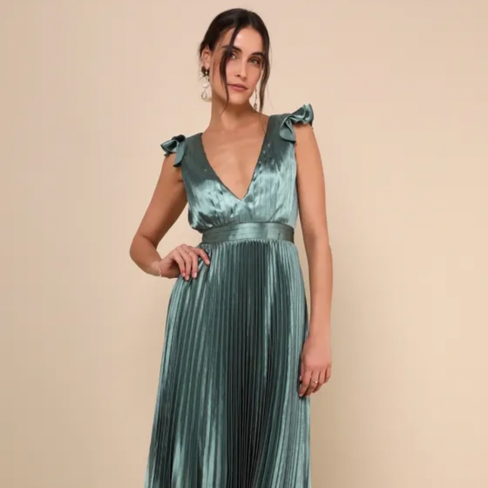 Lulus Exceptional Drama Sage Green Satin Lace-Up Pleated Maxi Dress
